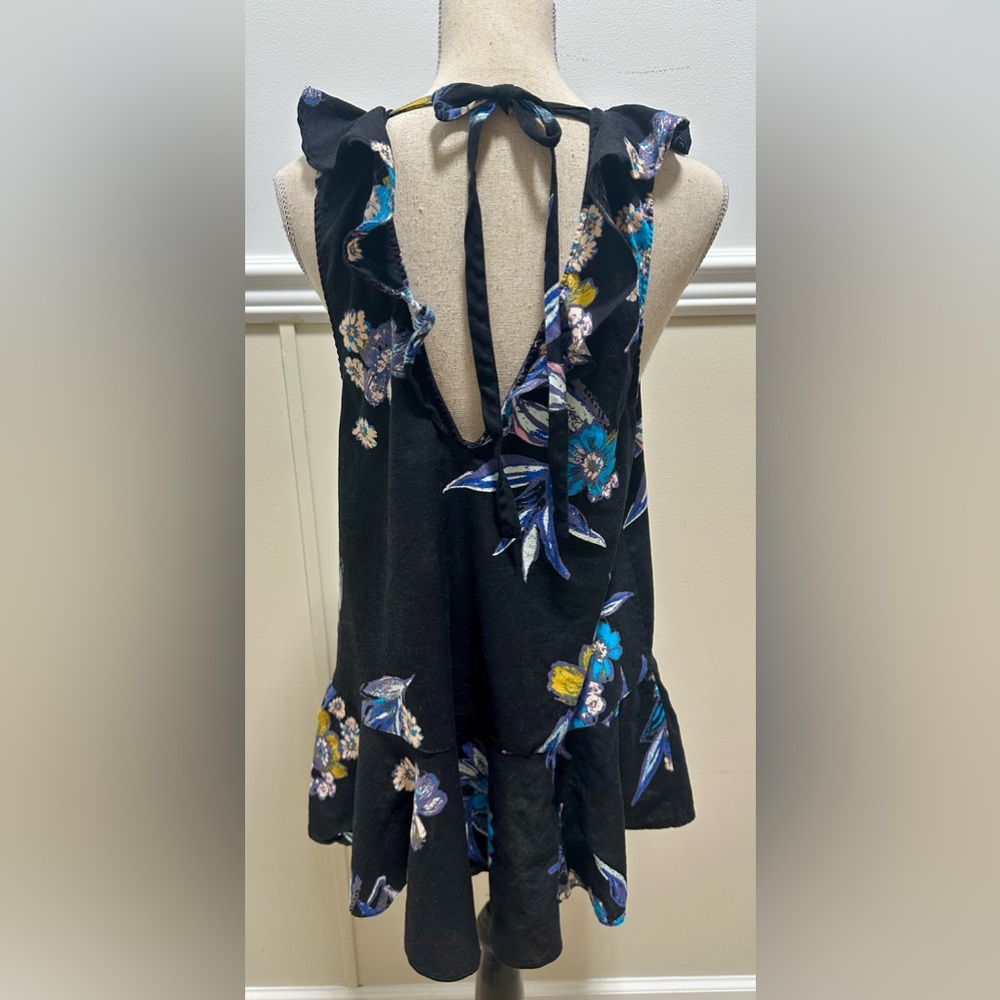 Free People Mini Dress L Black Floral Ruffled Drop Waist Tie Back Cottage Boho - Picture 5 of 10
